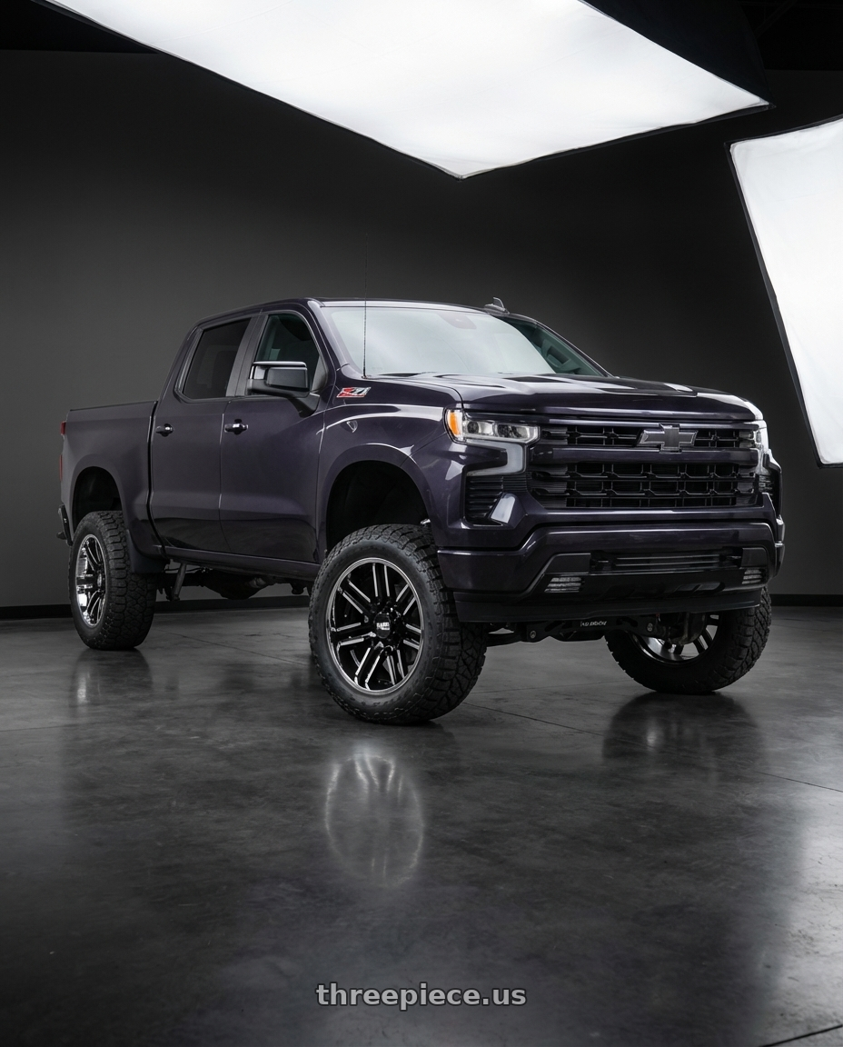 2023 Chevrolet Silverado 1500 with Moto Metal MO202 6X139.7 22X10 -18 GLOSS BLACK MACHINED CENTER CHROME LIP wheels