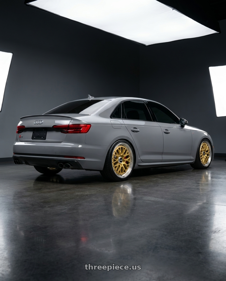 2019 Audi s4 with Rotiform 1PC R156 LSR 5X112 19X8.5 +35 MATTE GOLD MACHINED wheels rear three quarter view square tires