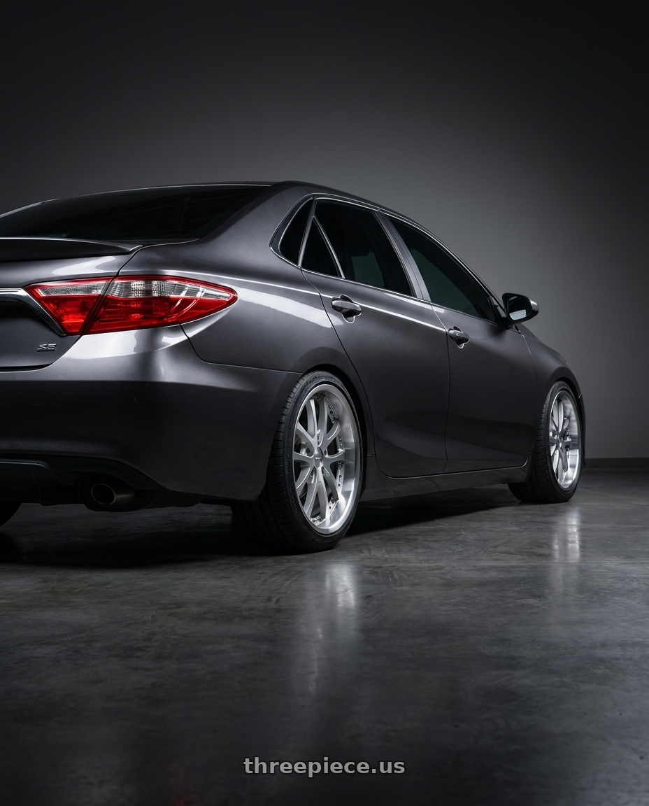 2015 Toyota Camry se with Vors AR5 5x108 17x9 +30 Silver Machine Face Lip Chrome Rivet wheels rear three quarter view square tires