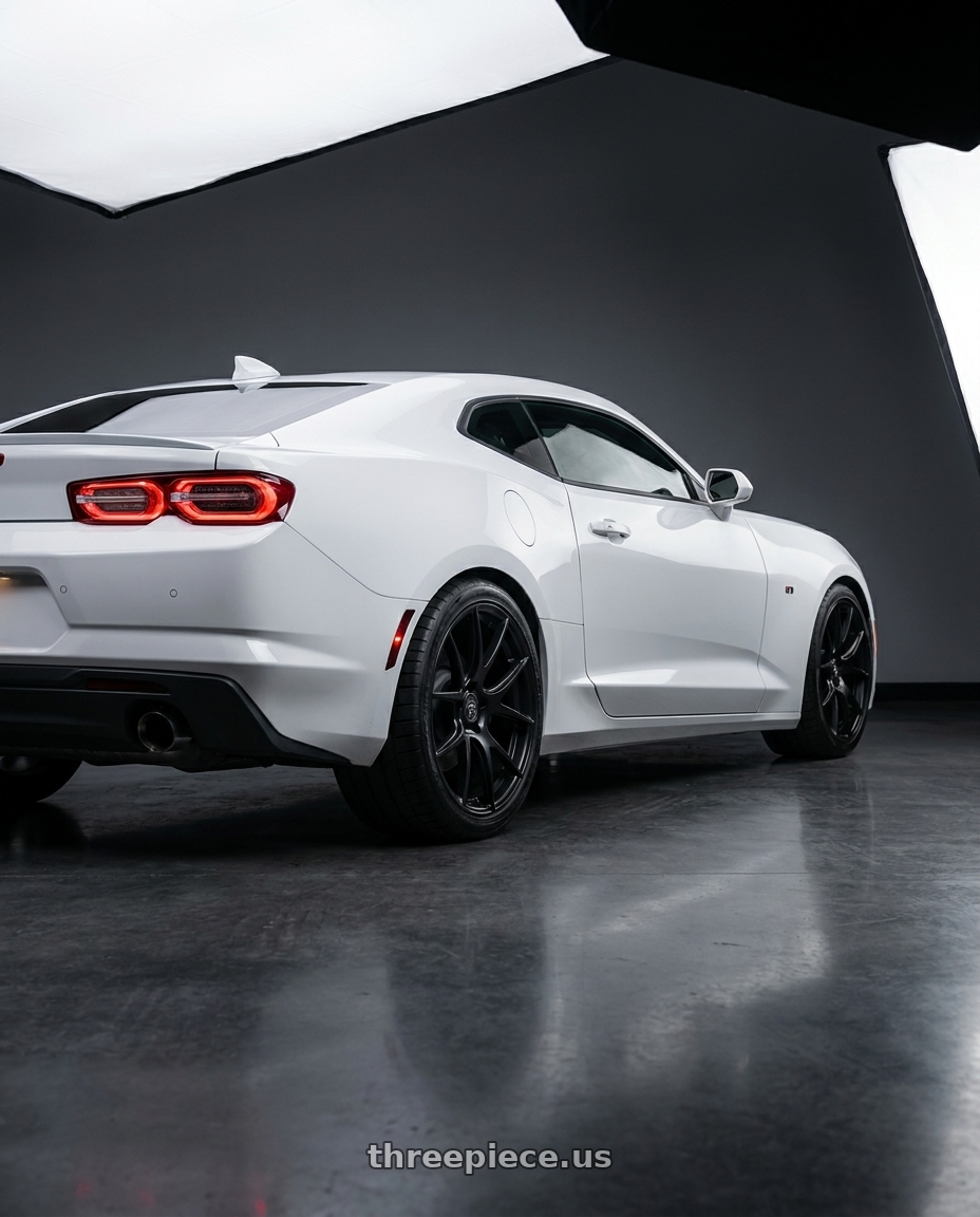 2022 Chevrolet Camaro with Forgestar CF5V 5x120 20x12 +52 Satin Black wheels rear three quarter view square tires