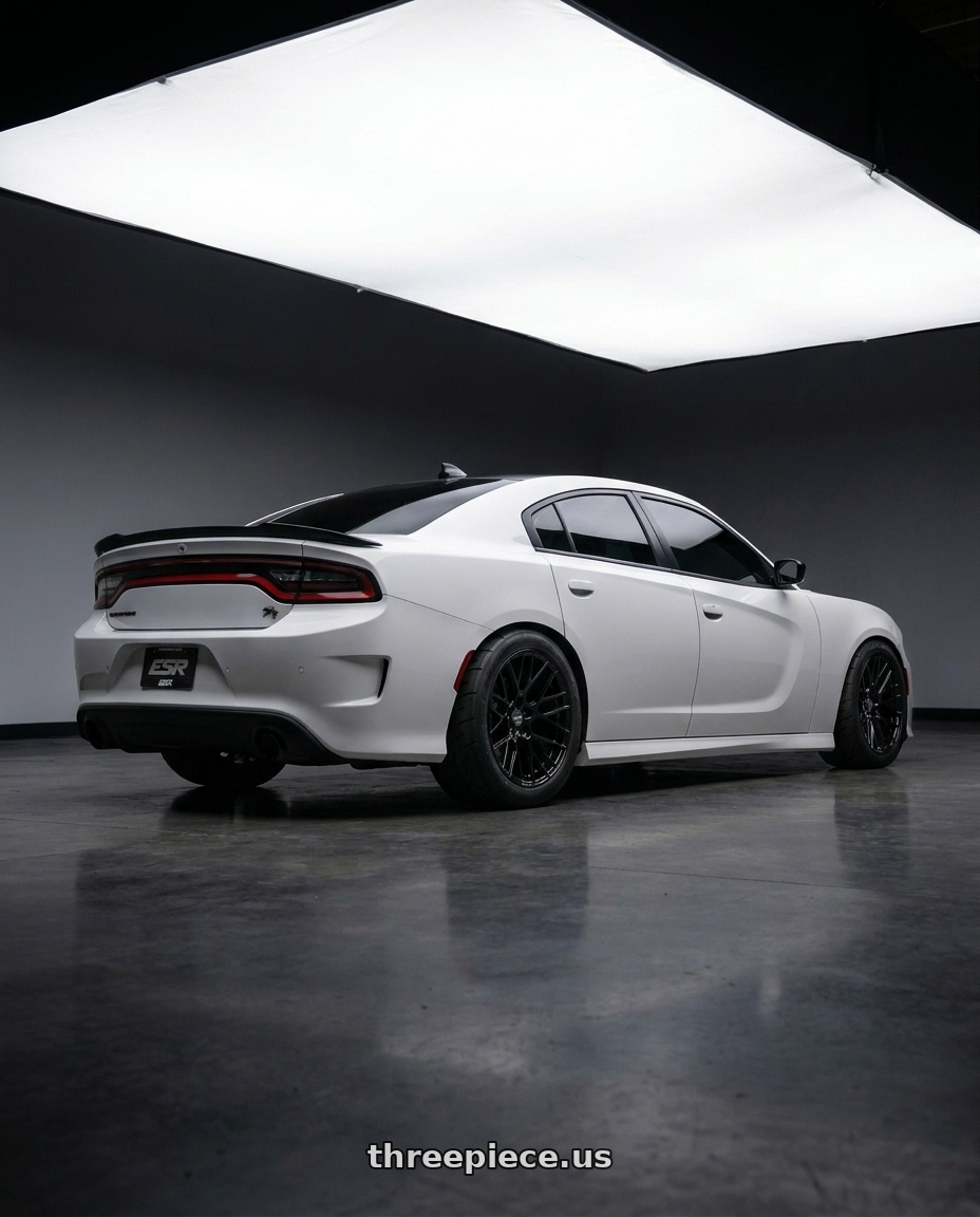 2021 dodge charger with ESR Wheels RF11 5x115 19x8.5 +30 Gloss Black wheels rear three quarter view meaty tires