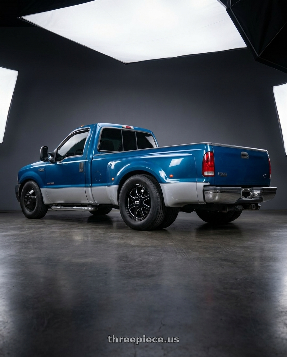 2000 Ford f350 super duty dually with XD XD845 PIKE DUALLY 8X170 20X8.25 +105 GLOSS BLACK MILLED - FRONT wheels rear three quarter view square tires