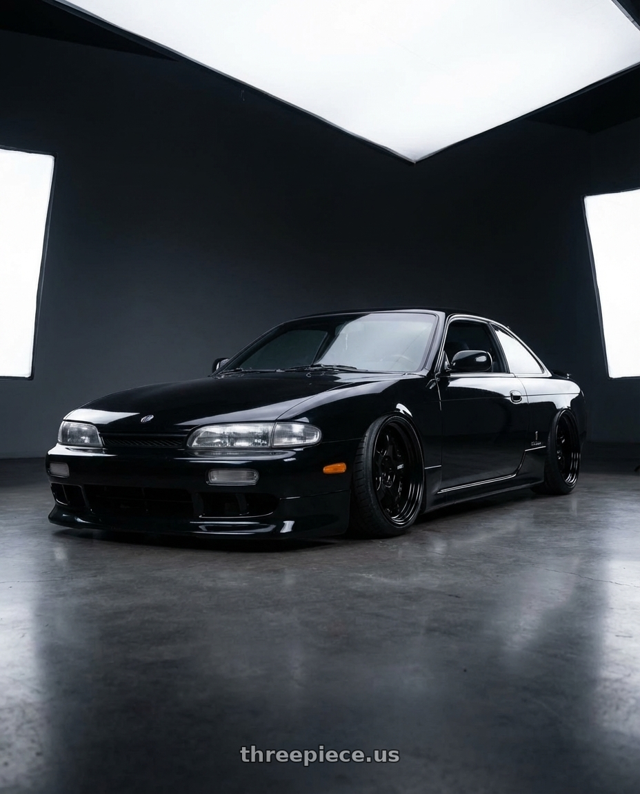 1996 nissan silvia s14 with Work Meister S1 3P 5x100 18x10+10 A Disk Black wheels front three quarter view stanced stance