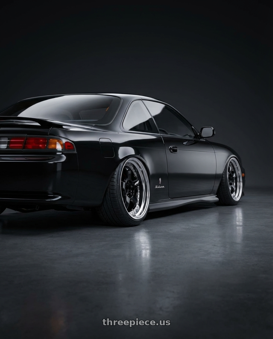 1996 nissan silvia s14 with Work Meister S1 3P 5x100 18x10+10 A Disk Black wheels rear three quarter view slight stretch tires