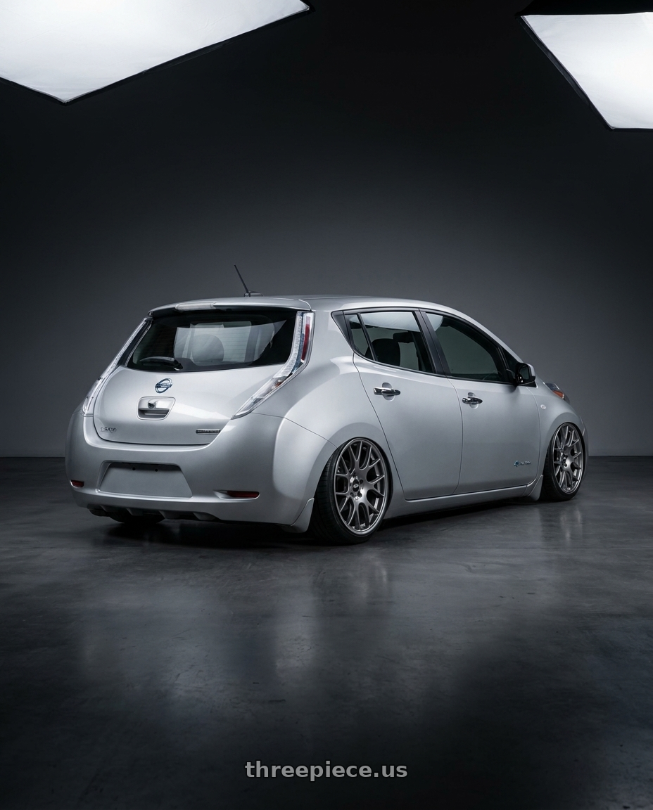 2017 Nissan leaf with BBS CH-R 5x120 18x9 +44 Satin Titanium Polished Rim Protector wheels rear three quarter view slight stretch tires