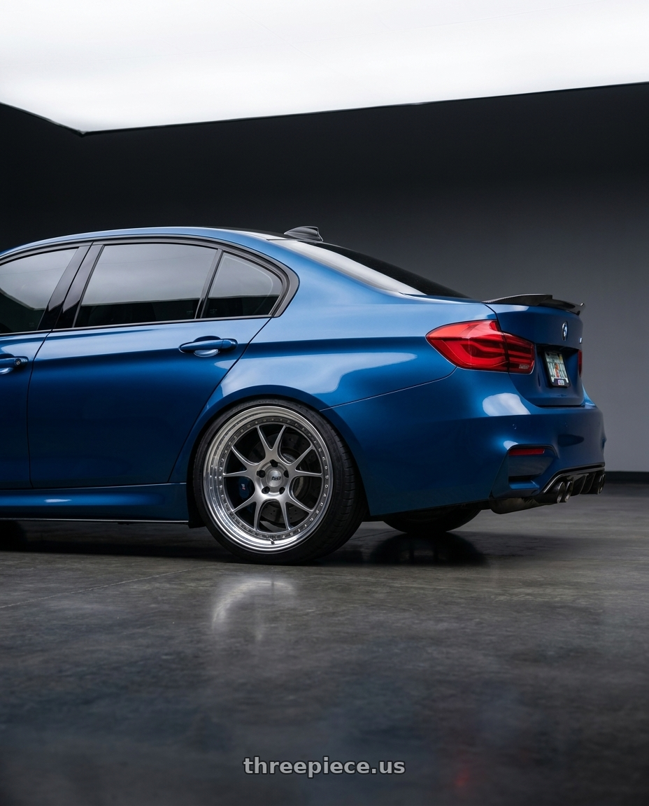 2018 BMW M3 Competition Avus with SSR Professor MS3 5x120 19x9.5+25 HP Disk Titan Silver wheels rear three quarter view square tires