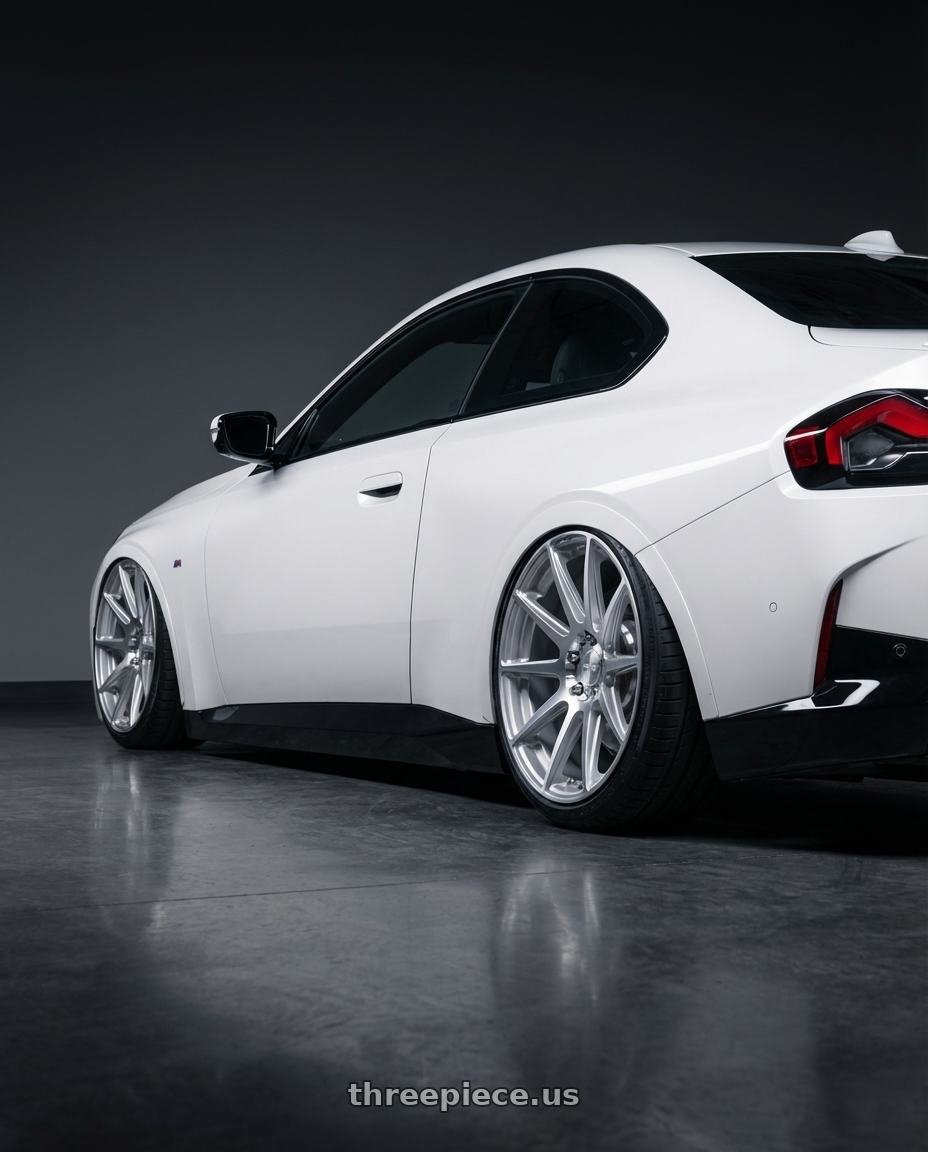 2024 BMW 2 Series G42 with Niche 1PC M146 ESSEN 5X112 19X8.5 +42 GLOSS SILVER MACHINED wheels rear three quarter view slight stretch tires