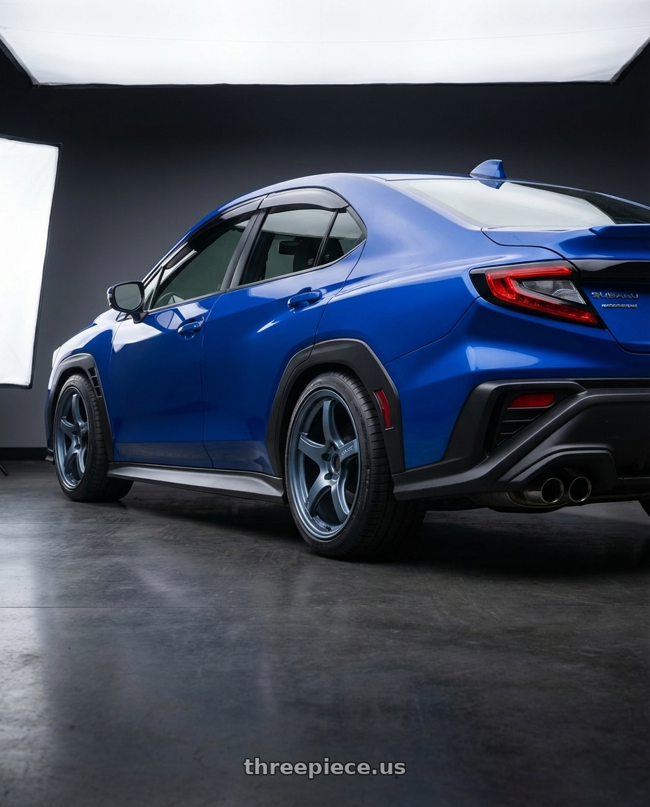 2024 Subaru WRX with Gram Lights 57CR 5x114.3 18x10.5+12 Gunblue II wheels rear three quarter view square tires