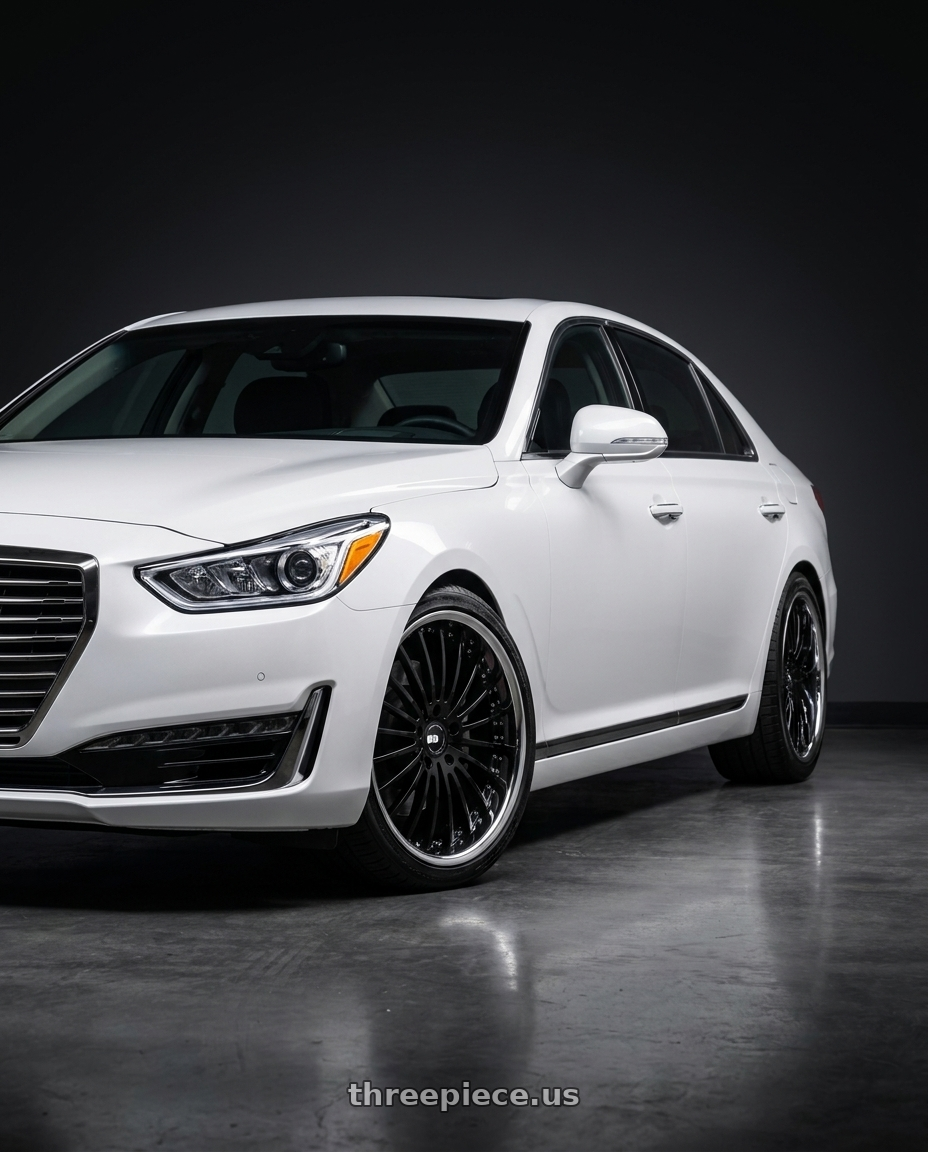 2018 genesis g90 ultimate with XO NEW YORK 5X114.3 20X8.5 +32 GLOSS BLACK W/ STAINLESS STEEL LIP wheels