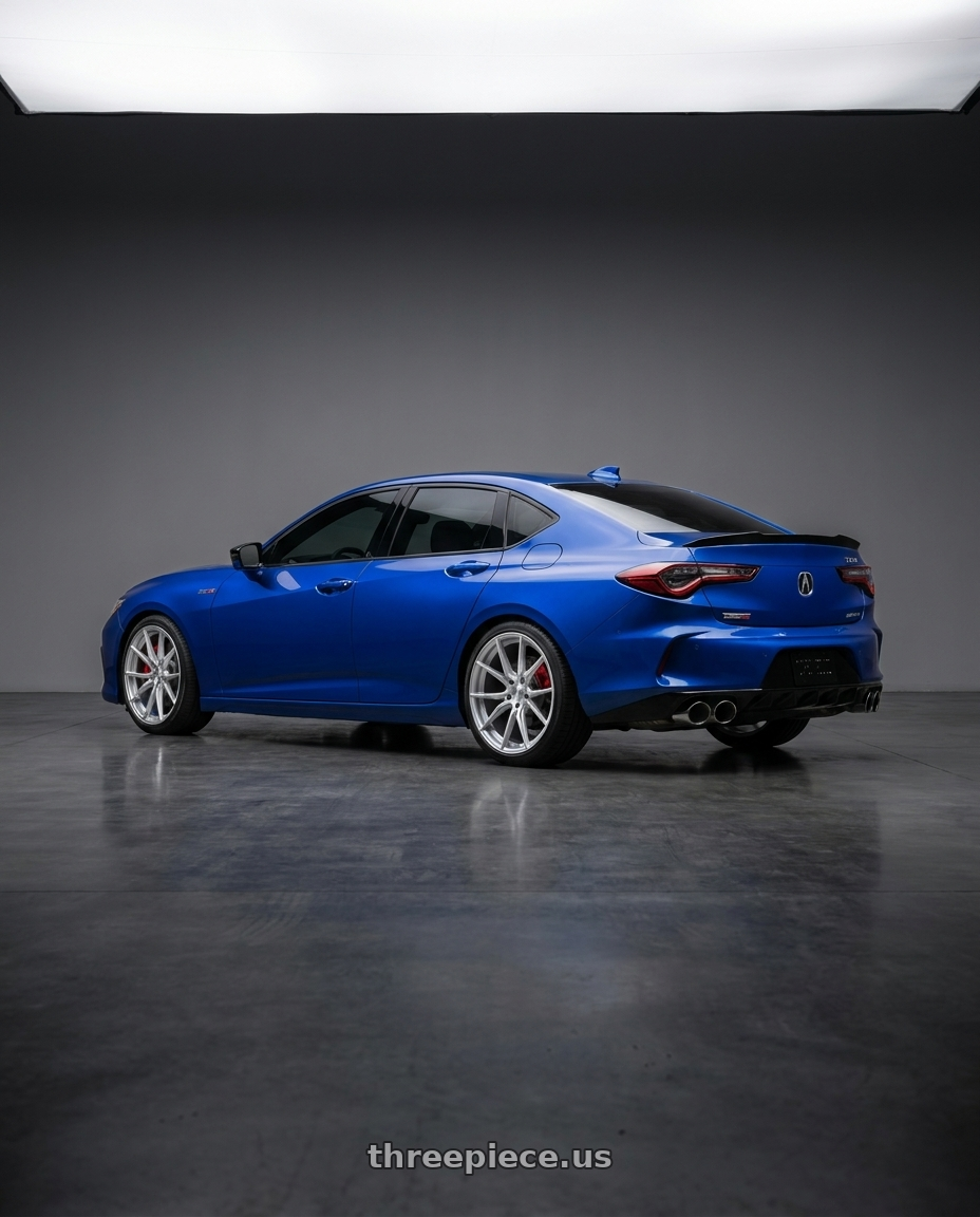 2021 tlx type s apex blue with Cray SPIDER 5X120 20X9 +38 SILVER W/ MIRROR CUT FACE wheels rear three quarter view square tires