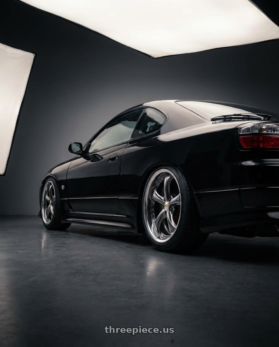 2000 Nissan Silvia S15 with Work Wheels VS-KF 5x114.3 18x9.5+22 Brilliant Silver Black L Disk FULL REVERSE wheels rear three quarter view slight stretch tires
