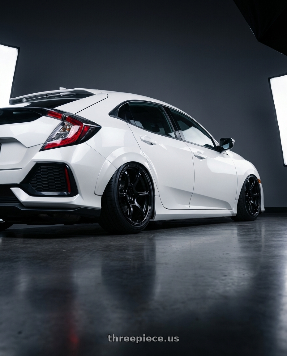 2019 Honda Civic with Advan RGIII 5x114.3 19x9.0+25 Gloss Black wheels rear three quarter view slight stretch tires