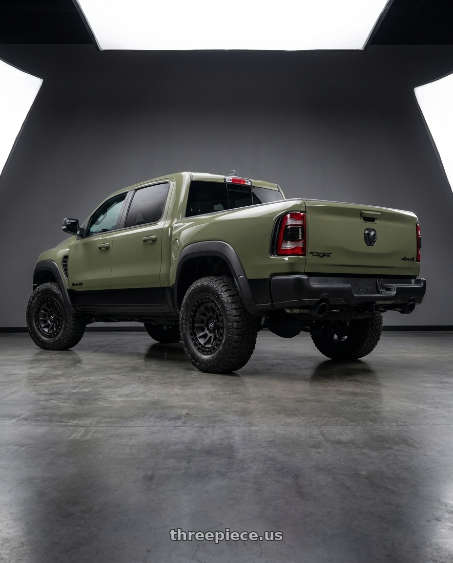 2026 ram rho with Black Rhino BARRAGE 5X127 18X9 0 MATTE BLACK wheels rear three quarter view meaty tires