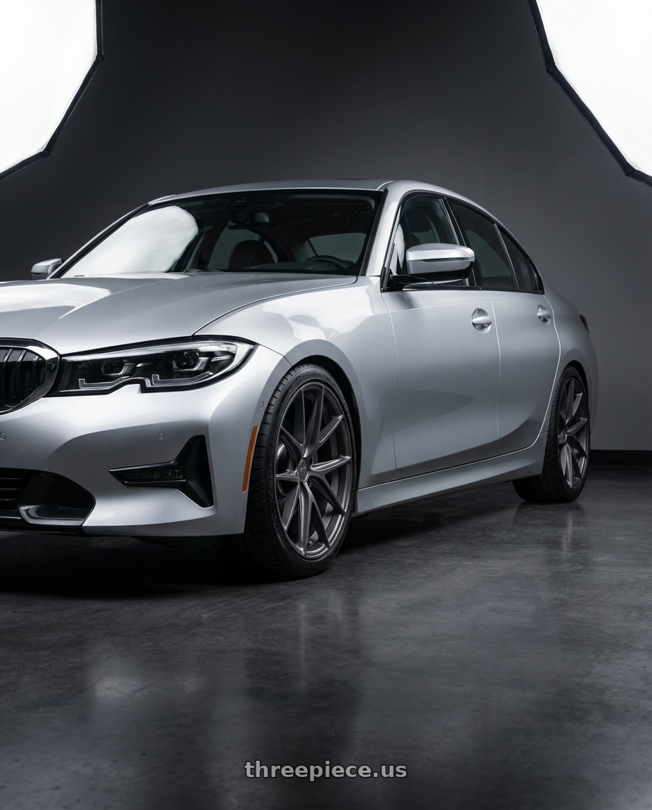 2023 BMW 3 Series G20 with Niche 1PC M116 MISANO 5X112 19X8.5 +34 MATTE GUN METAL wheels front three quarter view lowered stance