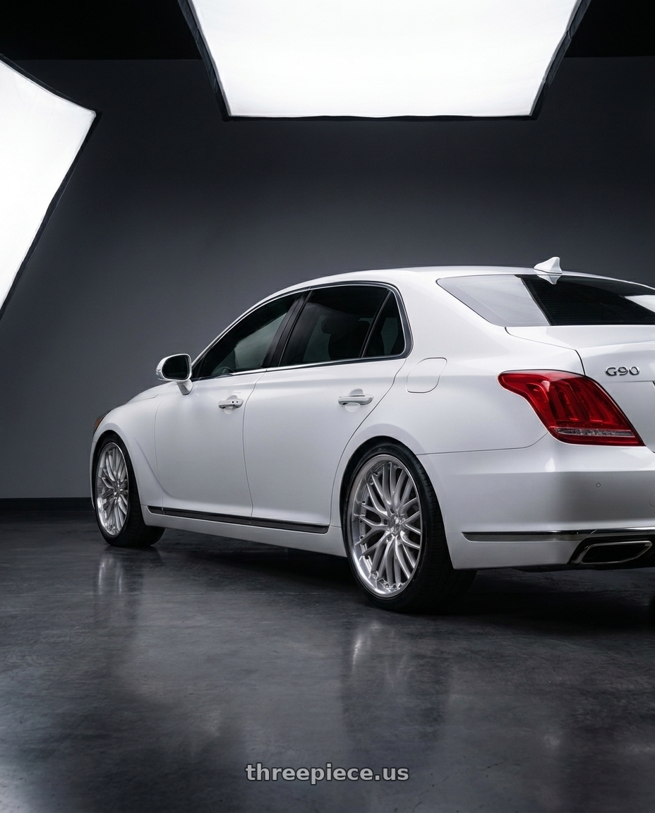 2018 genesis g90 ultimate with Rohana RFX1 5x114.3 20x10+40 Brushed Titanium wheels rear three quarter view square tires