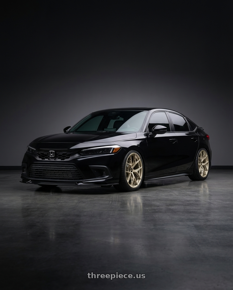 2023 Honda Civic Hatchback with BBS FI-R Evo 5x112 19x9.5+15 White Gold wheels front three quarter view slammed stance