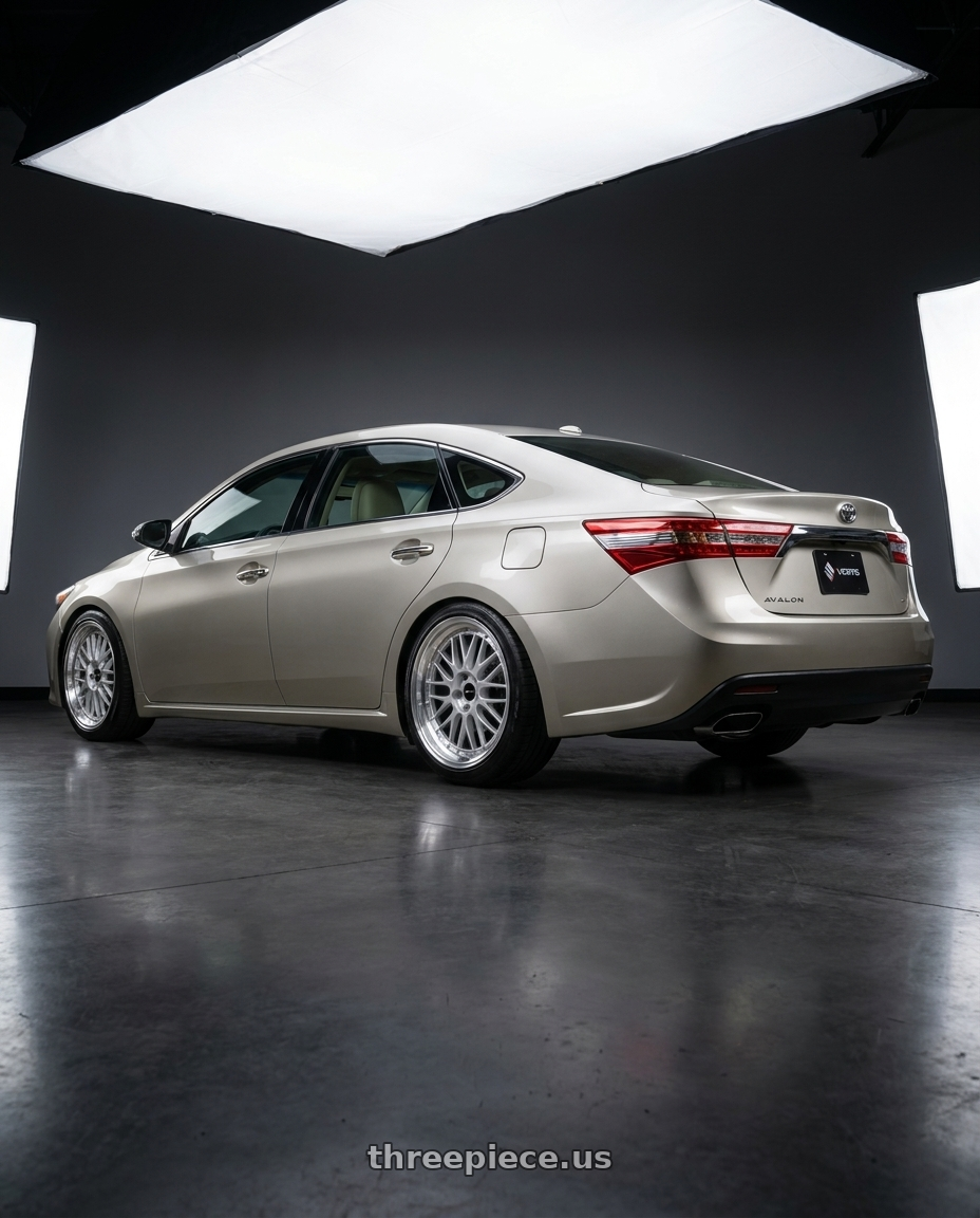 2013 toyota avalon with Vors VR8 5x114.3 18x9  +35 Silver Machine Lip Chrome Rivet wheels rear three quarter view slight stretch tires
