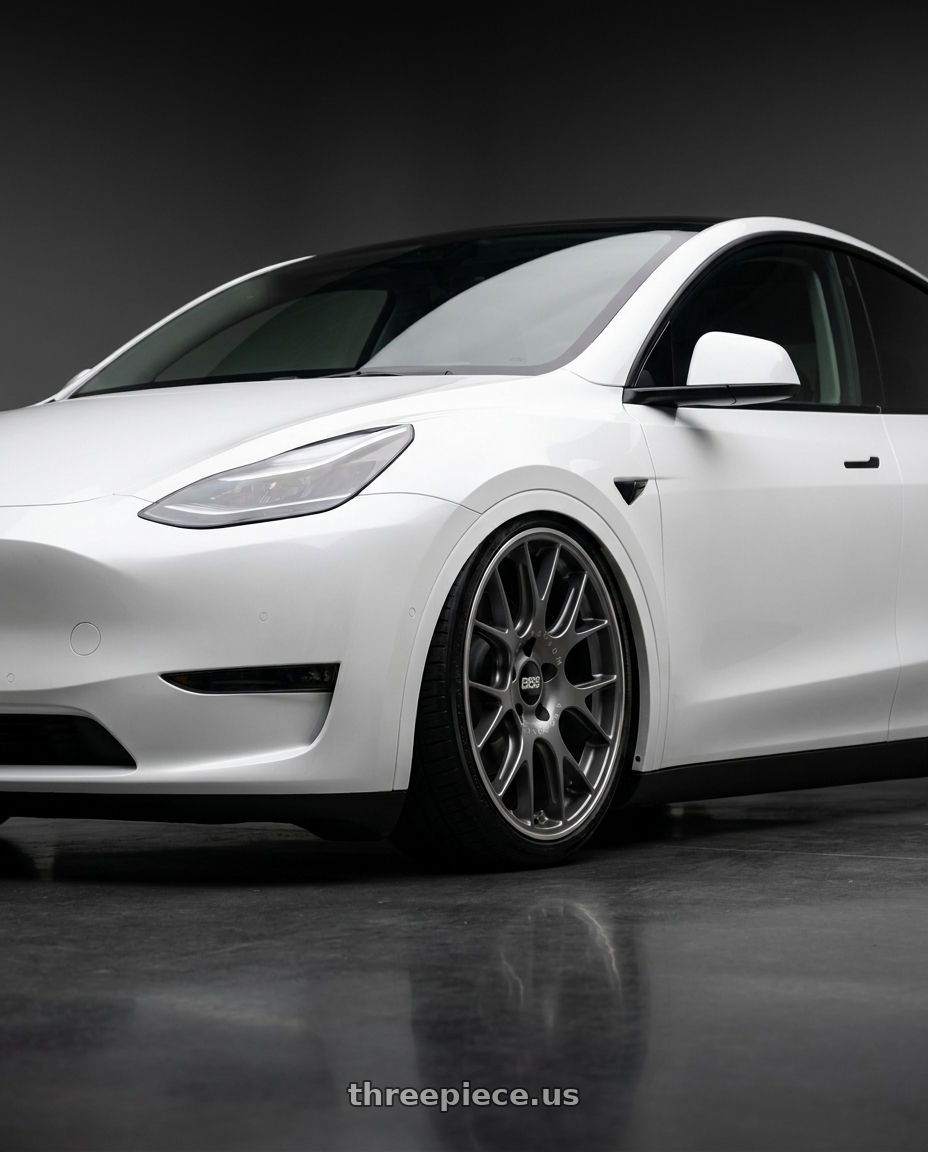 2026 Tesla model y white with BBS CH-R 5x114.3 20x8.5 +38 Satin Titanium Polished Rim Protector wheels