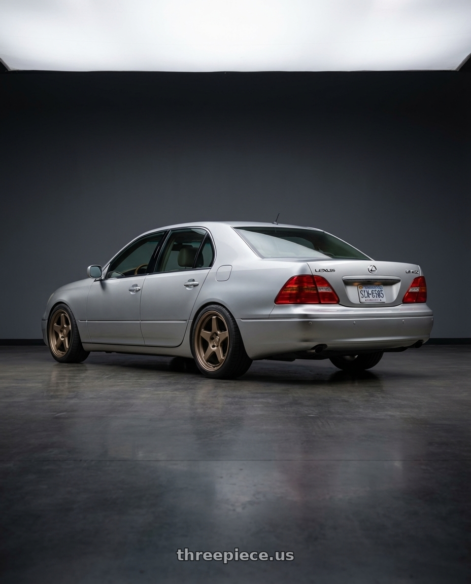 2001 lexus LS430 with Kansei K12B KNP 5x114.3 18x9 35 Bronze wheels rear three quarter view square tires