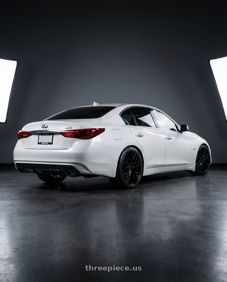 2020 Infiniti Q50 with Avant Garde Wheels M520R 5X114.3 19x8.5 +35 Gloss Black wheels rear three quarter view square tires