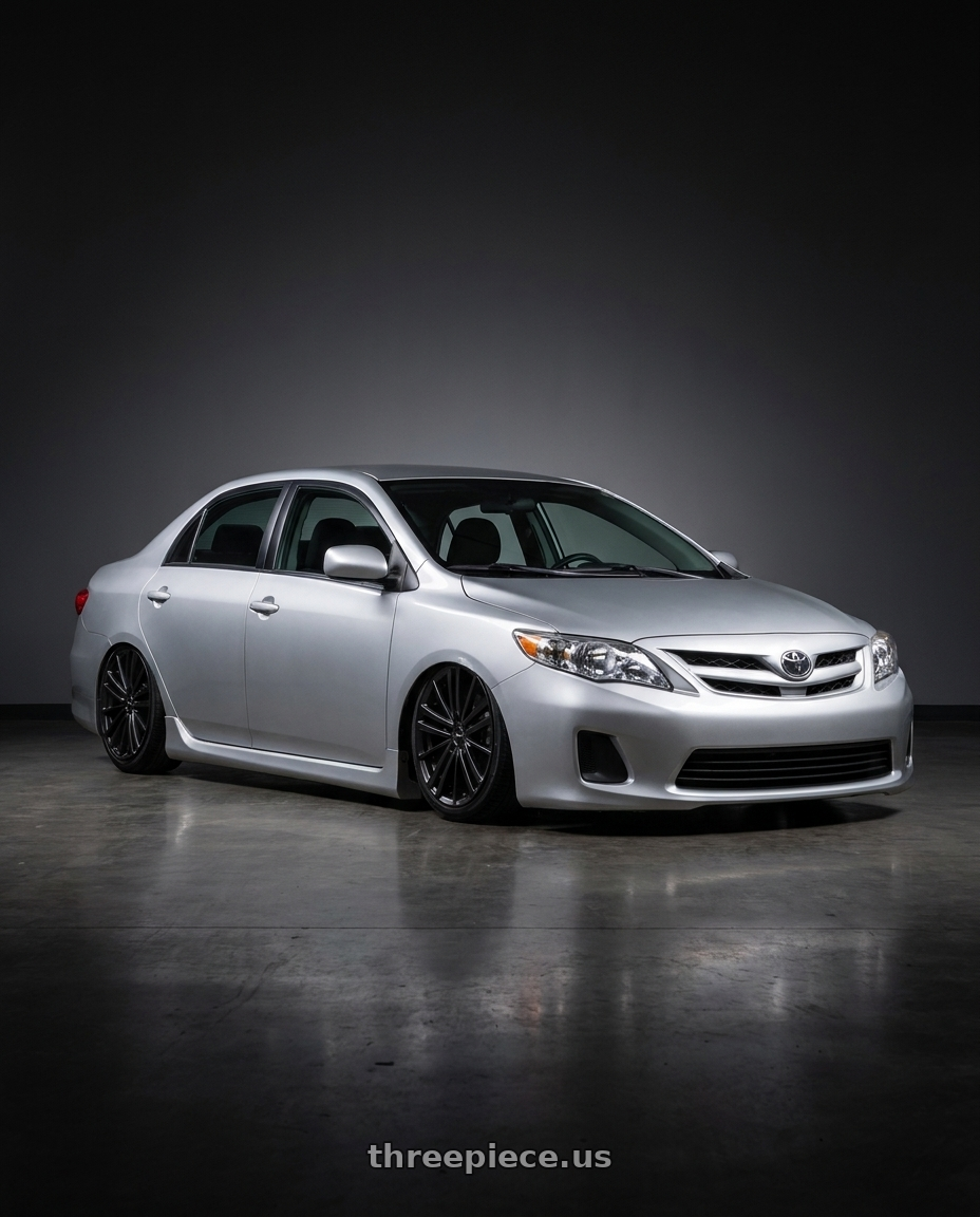 2011 Toyota Corolla with RTX Cosmos 5x100 17x7.5 +42 Satin Black wheels front three quarter view stanced stance