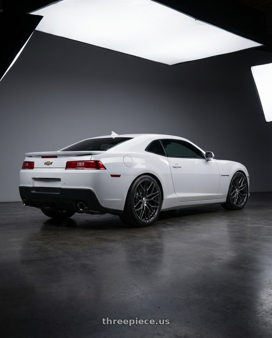 2014 Chevrolet Camaro 5th Gen with Avant Garde Wheels M520R 5X120 20x9 +38 Dark Graphite Metallic wheels rear three quarter view square tires