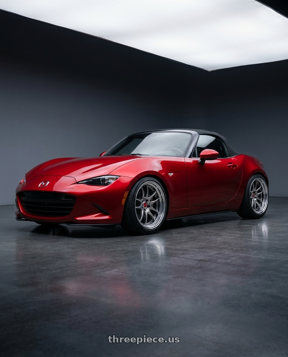 2024 Mazda MX-5 Miata Sport with Work Cr 2P 4x100 17x8.0 +38 GT Silver wheels front three quarter view lowered stance