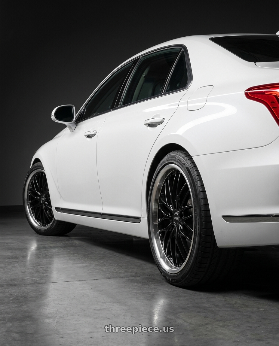 2018 genesis g90 ultimate with MRR GT1 5x114.3 20x8.5  +20 Black Machine Lip wheels rear three quarter view square tires