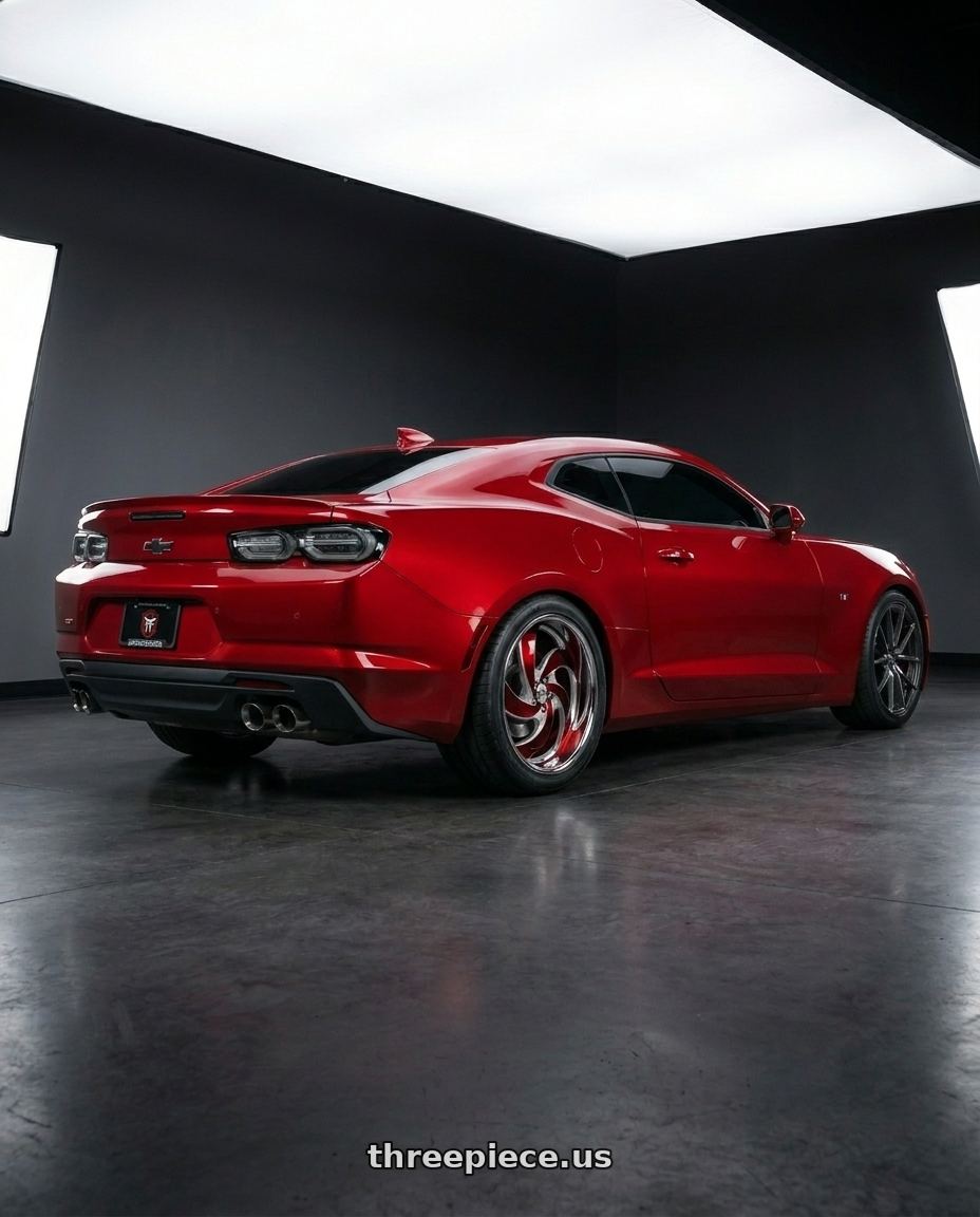 2023 Chevrolet Camaro SS with Strada Street Classics Retro 5 5x120 22x9 +35 Candy Red Milled SS Lip wheels rear three quarter view meaty tires