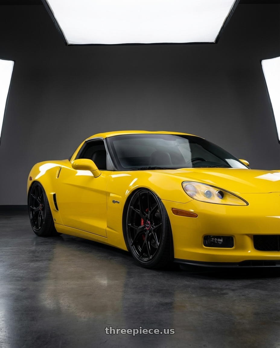 2012 Chevrolet Corvette C6 with Vossen HF-5 19x10 / 5x120.65 / ET28 / Deep / 70.3 CB - Gloss Black Wheel - HF5-9C60 wheels front three quarter view stanced stance