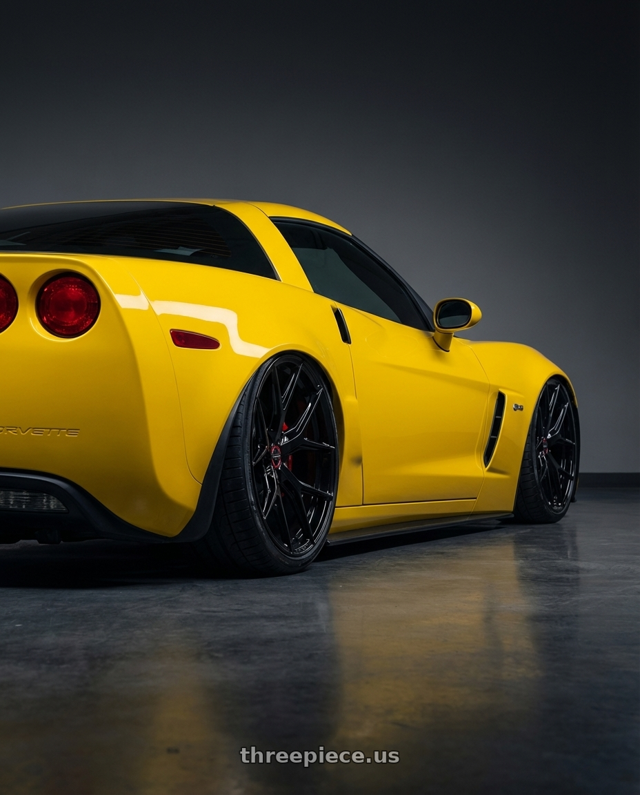 2012 Chevrolet Corvette C6 with Vossen HF-5 19x10 / 5x120.65 / ET28 / Deep / 70.3 CB - Gloss Black Wheel - HF5-9C60 wheels rear three quarter view slight stretch tires