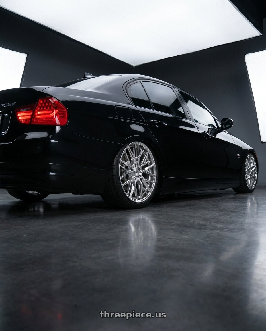 2011 bmw 335d with Niche 1PC M249 GAMMA 5X120 18X8 +40 CHROME wheels rear three quarter view square tires