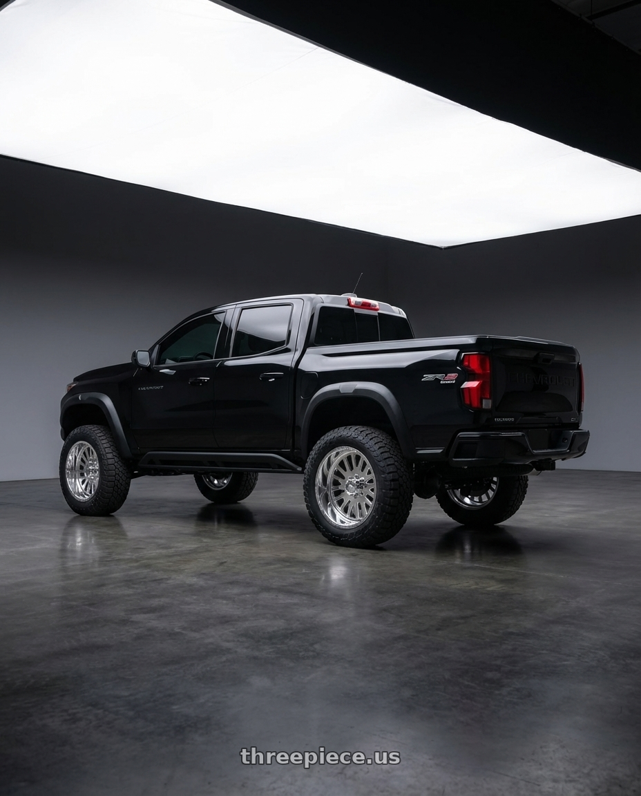 2024 Chevrolet Colorado zr2 bison black with American Force AFW F20 ATOM SS 6X139.7 22X12 -40 POLISHED wheels rear three quarter view square tires