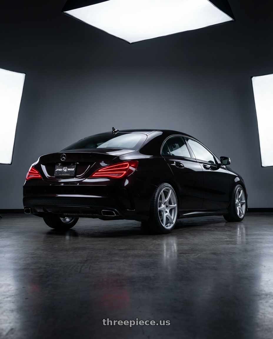 2018 Mercedes-Benz CLA C117 with Kansei K11S Tandem 5X112 19x9.5 22 Hyper Silver wheels rear three quarter view square tires