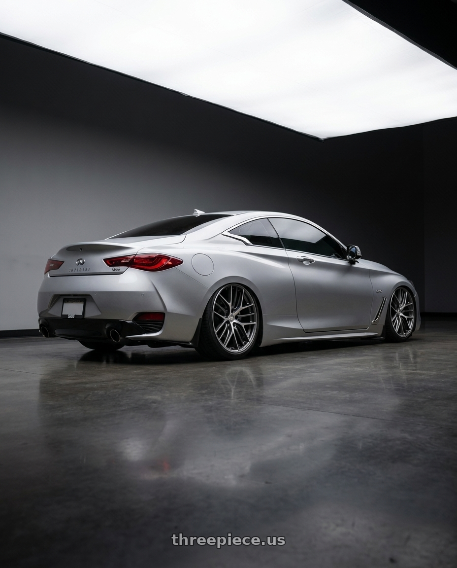 2020 Infiniti Q60 with BBS CC-R 5x114.3 20x9.0+32 Graphite w/ Diamond Cut Face wheels rear three quarter view slight stretch tires