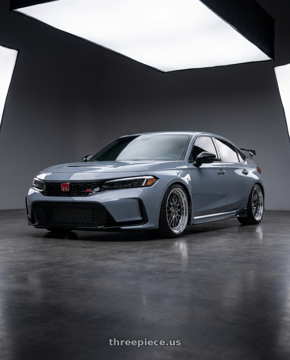 2025 Honda Civic Type R with Work Vs-Xv 5x120 18x10+40 A Disk Brilliant Silver Black wheels front three quarter view lowered stance