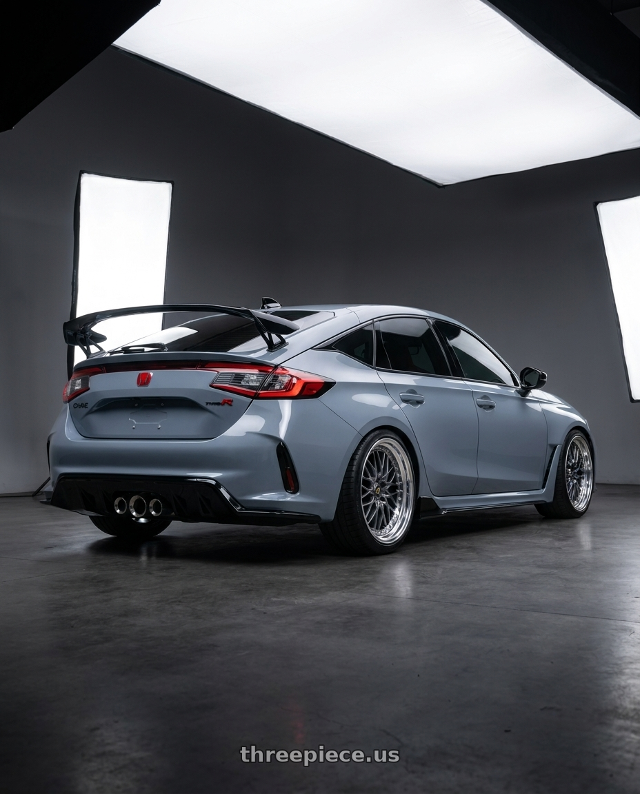 2025 Honda Civic Type R with Work Vs-Xv 5x120 18x10+40 A Disk Brilliant Silver Black wheels rear three quarter view square tires