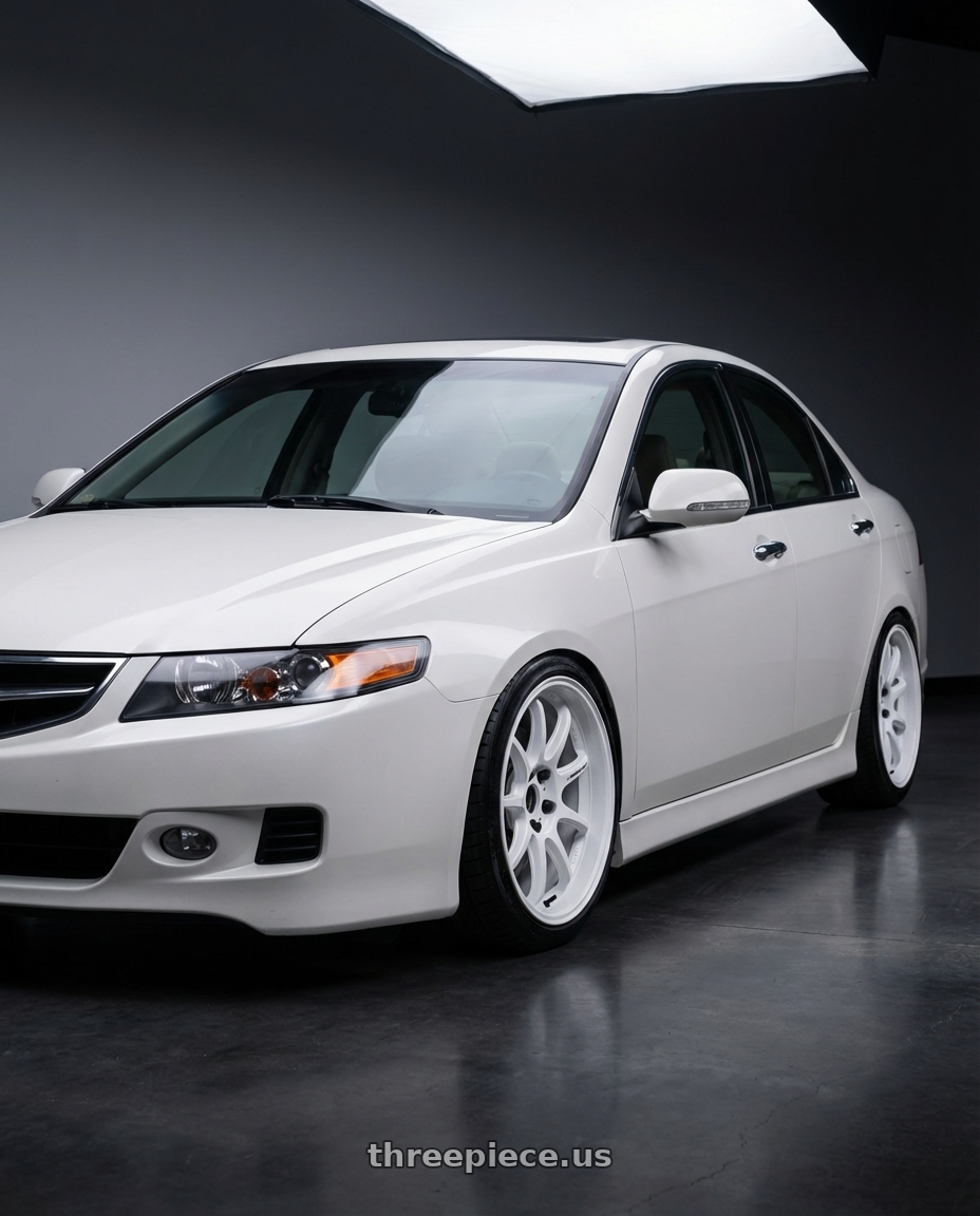 2003 Acura Tsx with Work Emotion D9r 5x100 18x8.5 +32 White wheels front three quarter view lowered stance