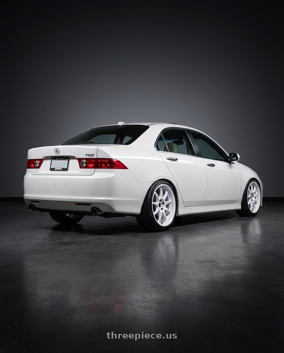 2003 Acura Tsx with Work Emotion D9r 5x100 18x8.5 +32 White wheels rear three quarter view slight stretch tires