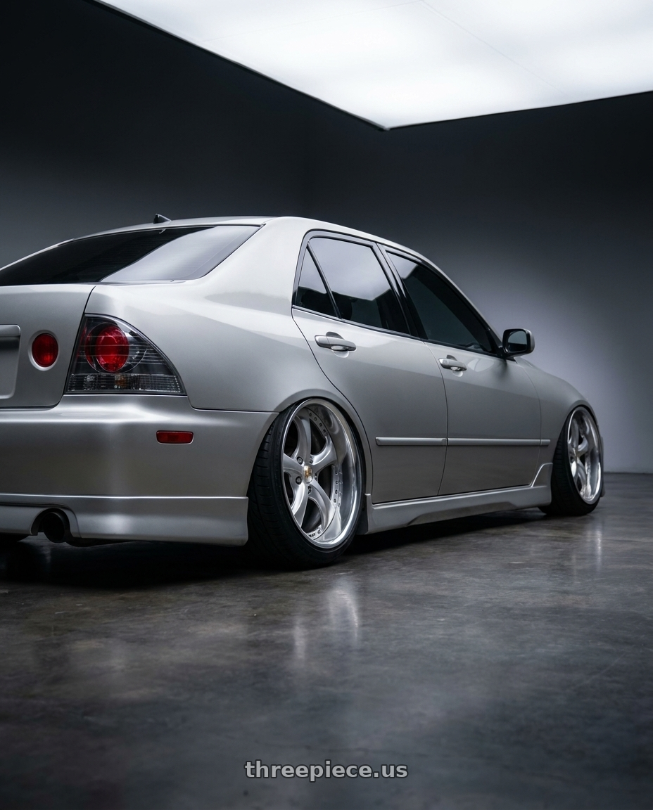 2002 Lexus is300 with Work Wheels VS-KF 5x114.3 18x9.5+15 Light Grey Silver O Disk FULL REVERSE wheels rear three quarter view extreme stretch tires