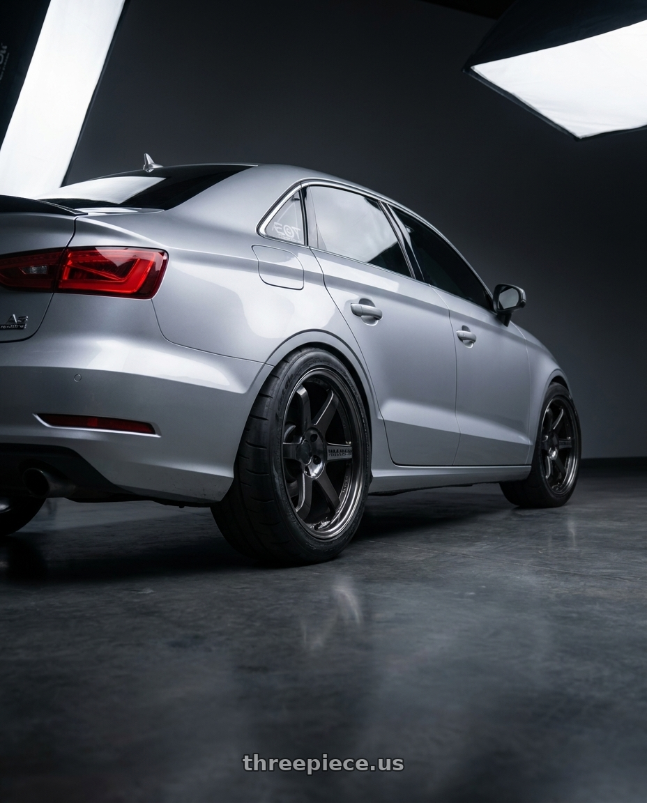 2016 Audi A3 Quattro with Volk Racing TE37SL 5x114.3 19x10.5+12 Pressed Double Black wheels rear three quarter view meaty tires