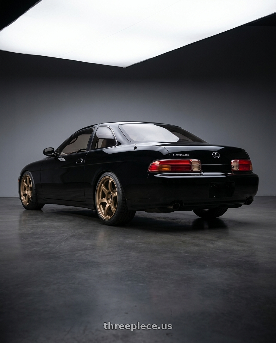 1993 Lexus SC400 Base Black with Gram Lights 57DR 5x114.3 18x9.5+38 FF Gold wheels rear three quarter view square tires