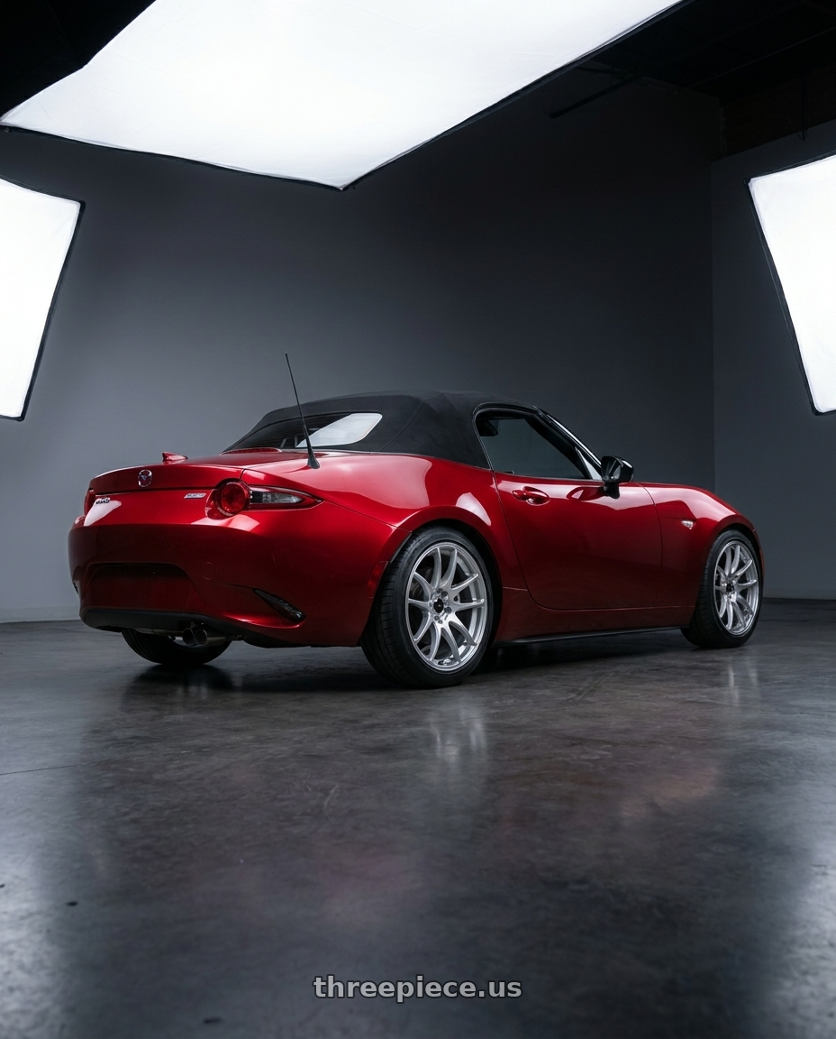 2024 mazda mx5 with Vors TR4 4x100/4x114.3 17x8  +35 Silver Machine Face wheels rear three quarter view square tires