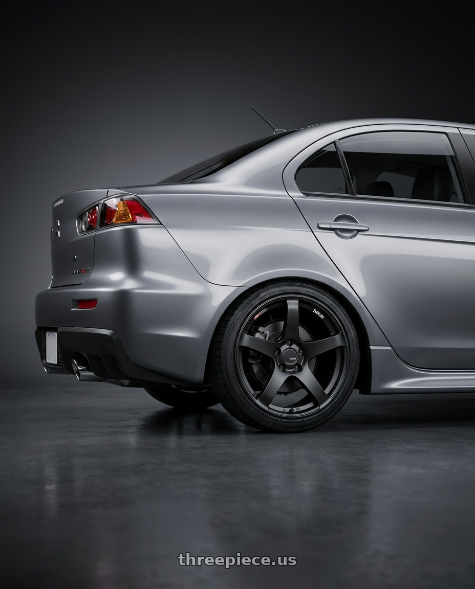 2014 Mitsubishi Lancer Ralliart with Ssr Gtv01 5x114.3 18x8.5+40  FLAT BLACK wheels rear three quarter view square tires