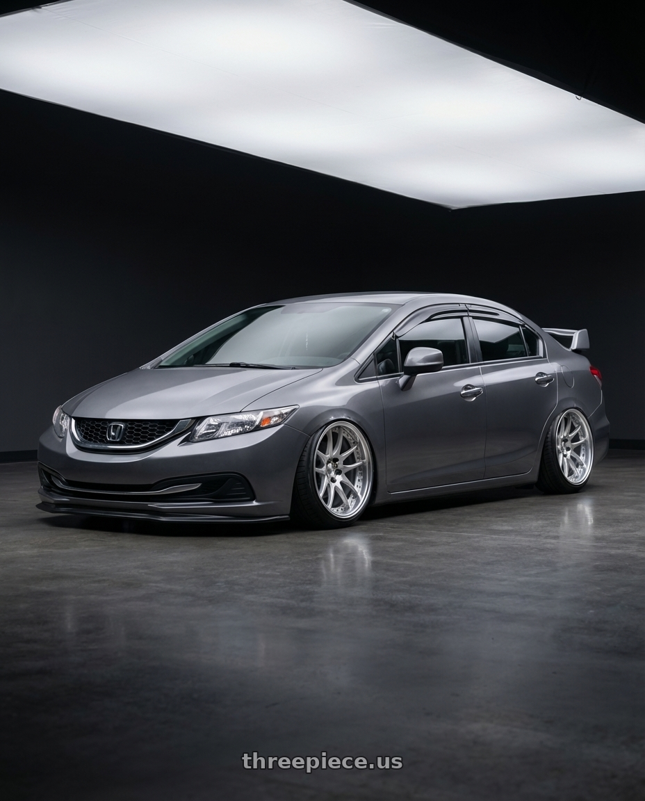 2015 honda civic lx sedan with Work Emotion Cr 3P 5x100 18x9.5+7 R Disk Burning Silver wheels front three quarter view stanced stance