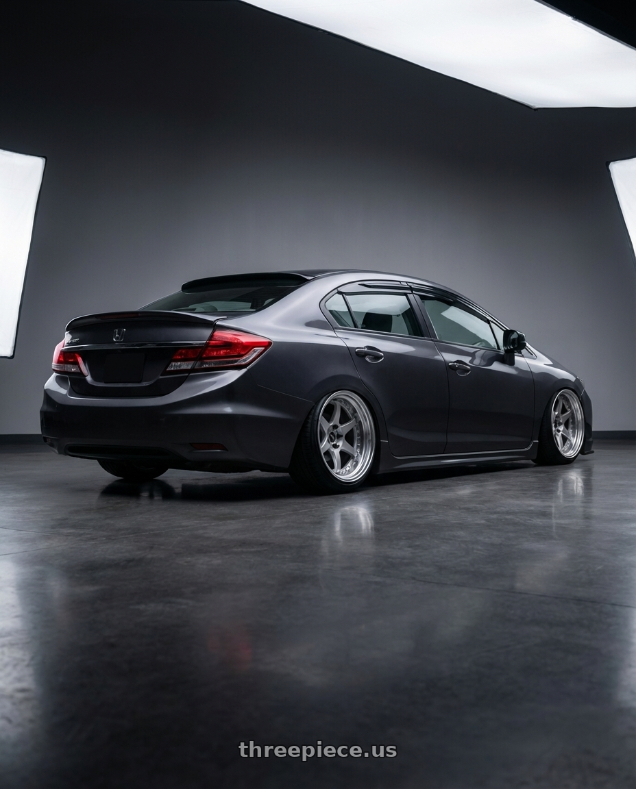 2015 honda civic lx sedan with Work Emotion Cr 3P 5x100 18x9.5+7 R Disk Burning Silver wheels rear three quarter view slight stretch tires