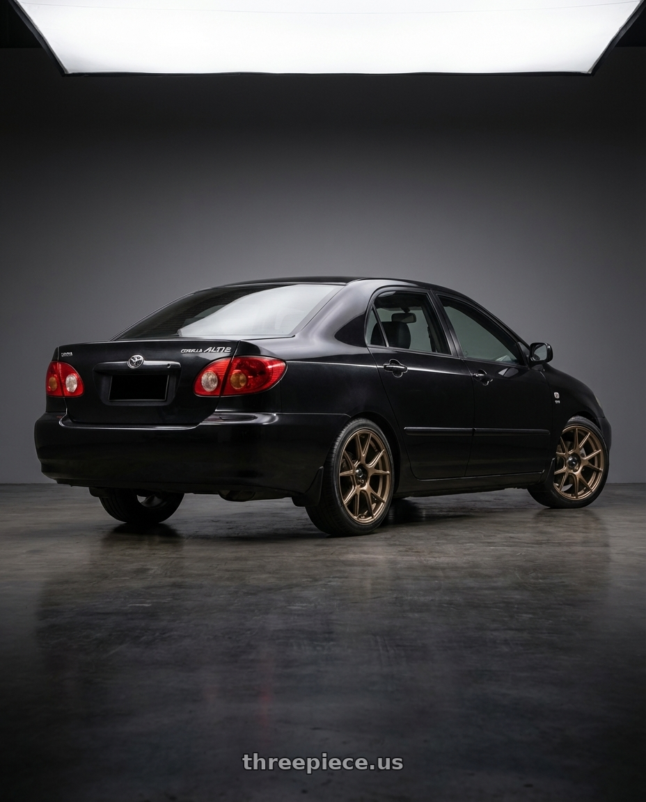 2006 Toyota Corolla Altis  with Konig Ampliform 4x100 17x8+45 Gloss Bronze wheels rear three quarter view square tires