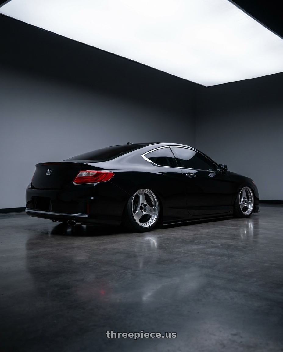2015 Honda accord coupe  with Advan Racing ONI2 PROGRESSIVE 5x112 20x9.5 +25 MACHINING & DIAMOND CUT wheels rear three quarter view slight stretch tires