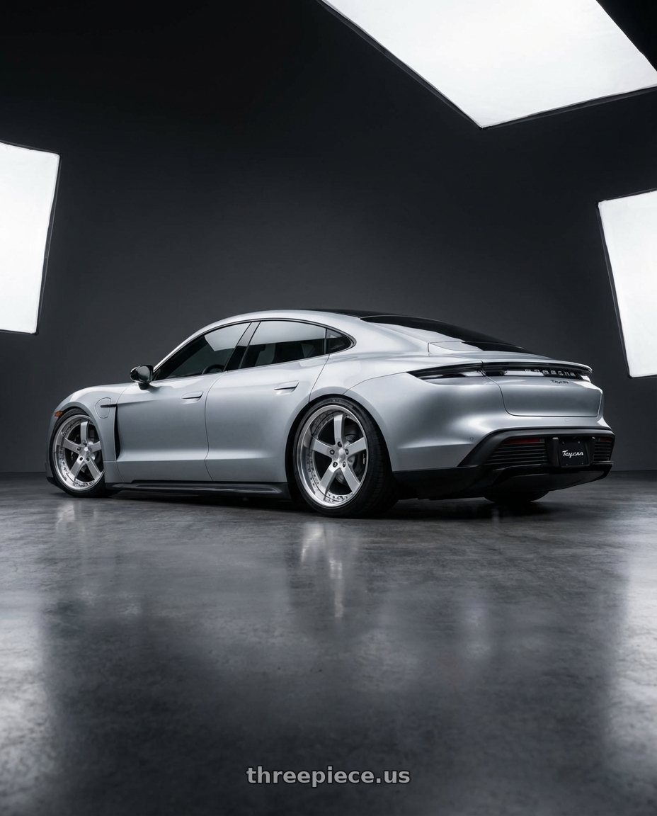 2021 Porsche taycan with Work Equip E05 5x108 19x10.5+-17 o disk Feinheit Silver 2 wheels rear three quarter view square tires