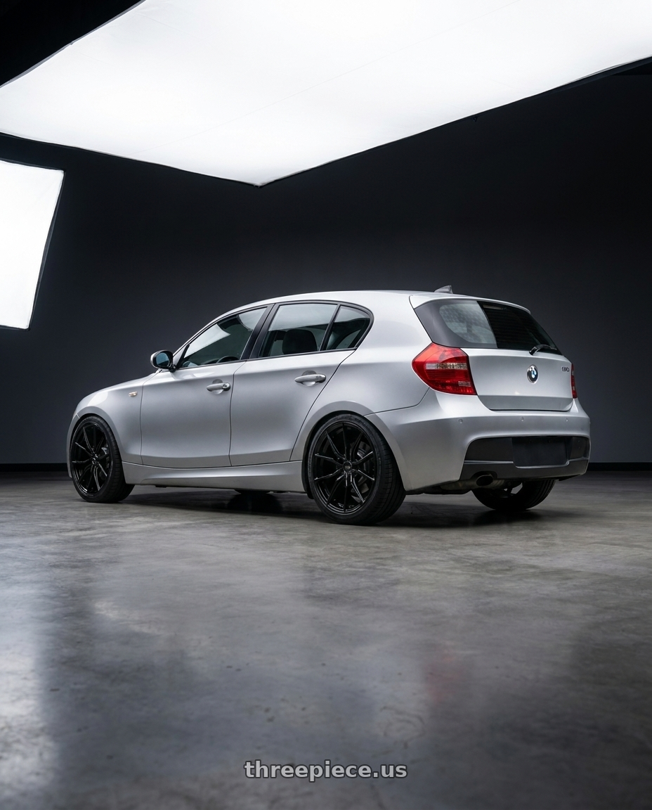 2005 Bmw E87 130I with Advanti Racing 80B Hybris 5X120 18x8 +35 Gloss Black wheels rear three quarter view square tires